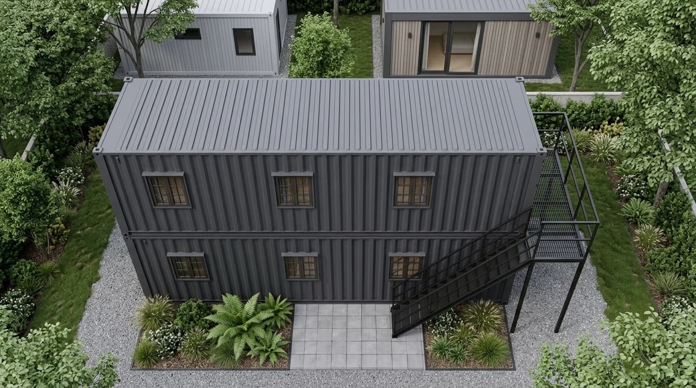 Design visualisation of the same two-storey container home from above, showing the ribbed roof, the external staircase and a paved entrance