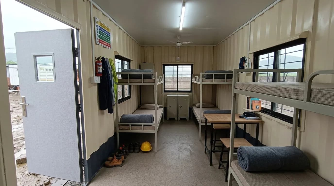 Portable labour accommodation cabin — interior with bunk beds, lockers and ceiling fan, by Porta Cabin Systems