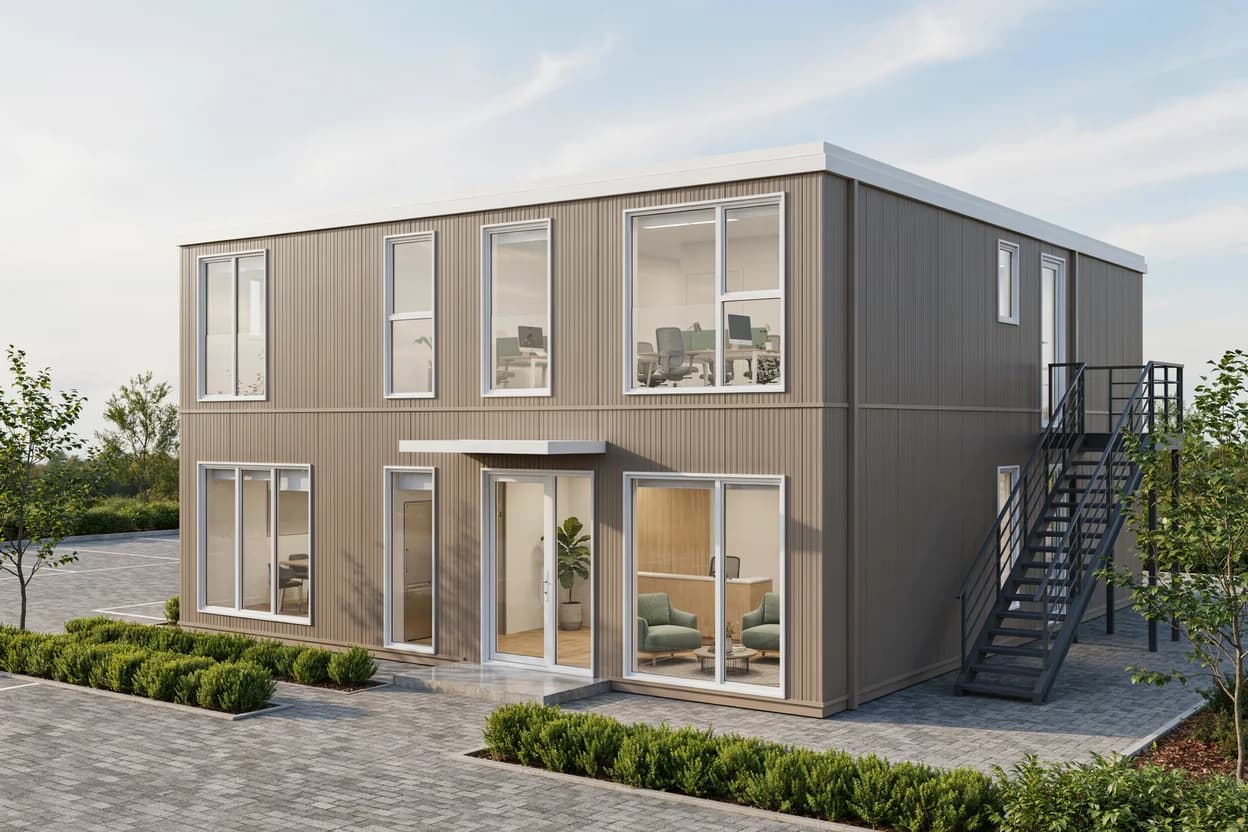 Design visualisation of a two-storey portable marketing office with ribbed cladding, a glazed entrance under a canopy and an external steel staircase
