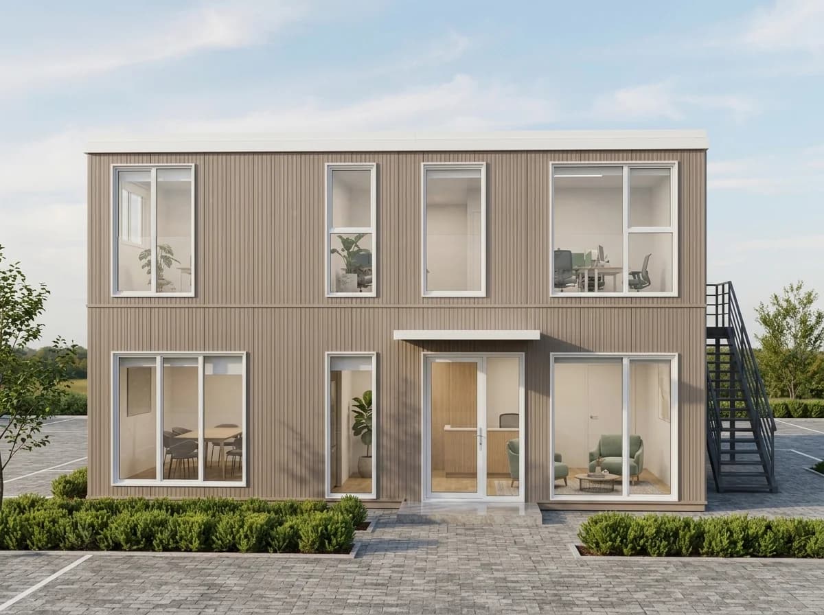 Design visualisation of the marketing office front elevation, with a glazed entrance, a reception lounge and a meeting table on the ground floor and workstations above