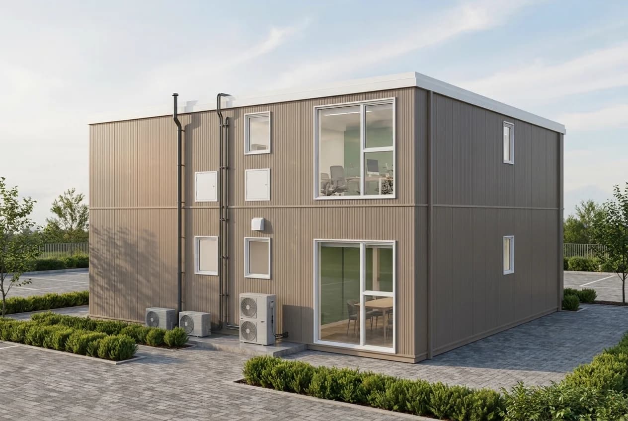 Design visualisation of the side and rear of the marketing office, with windows, service panels, downpipes and air-conditioning outdoor units