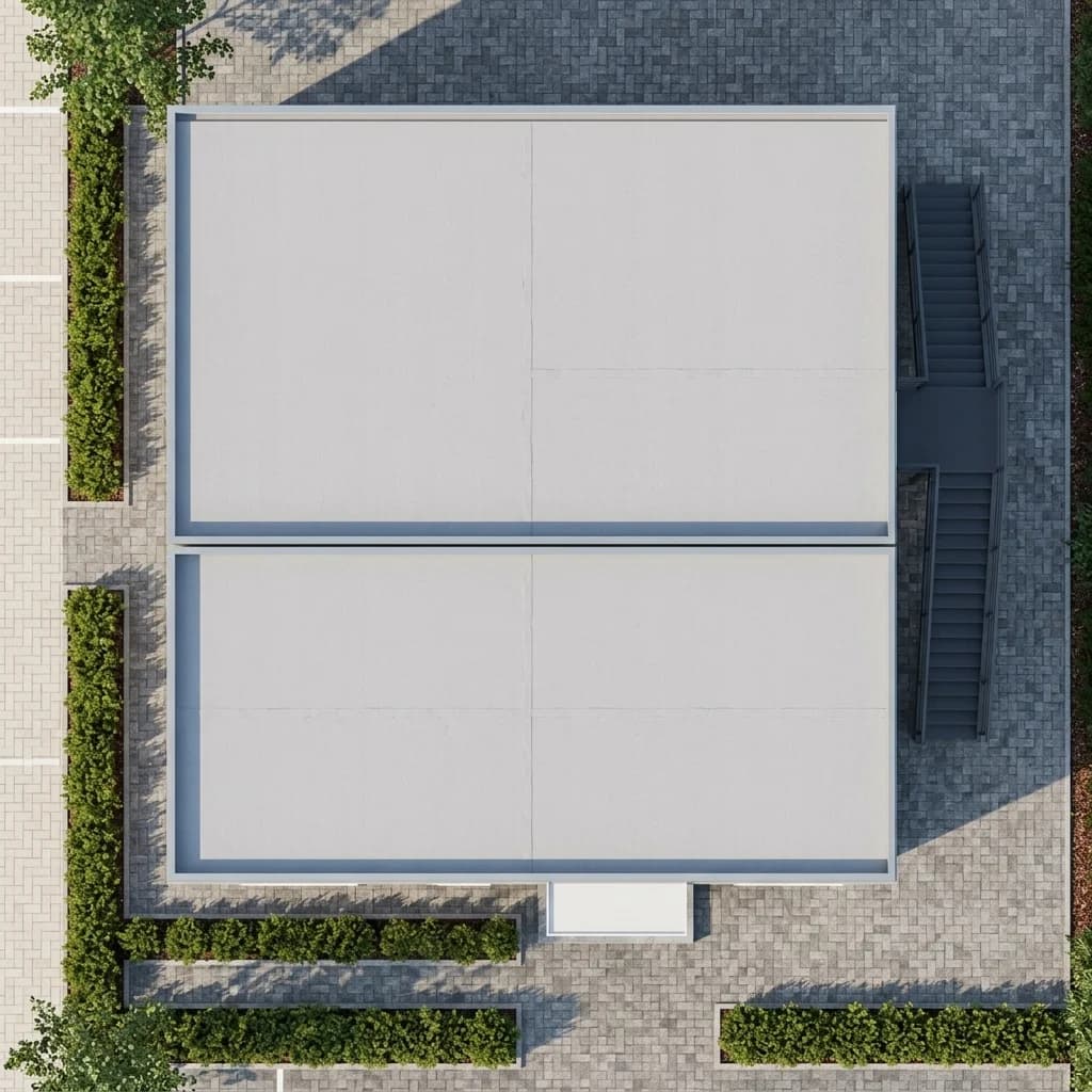 Design visualisation of the marketing office from above, showing its flat roof in two joined sections and an external staircase with a landing at one side