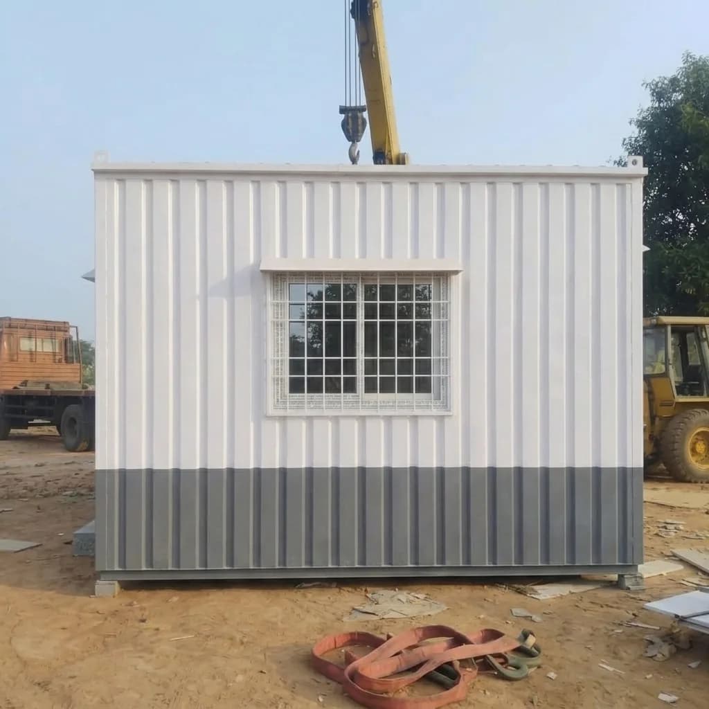 Side of the portable office cabin showing a grilled window and the two-tone white and grey cladding
