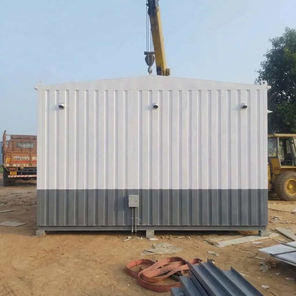 Rear of the portable office cabin with wall vents and an electrical distribution box