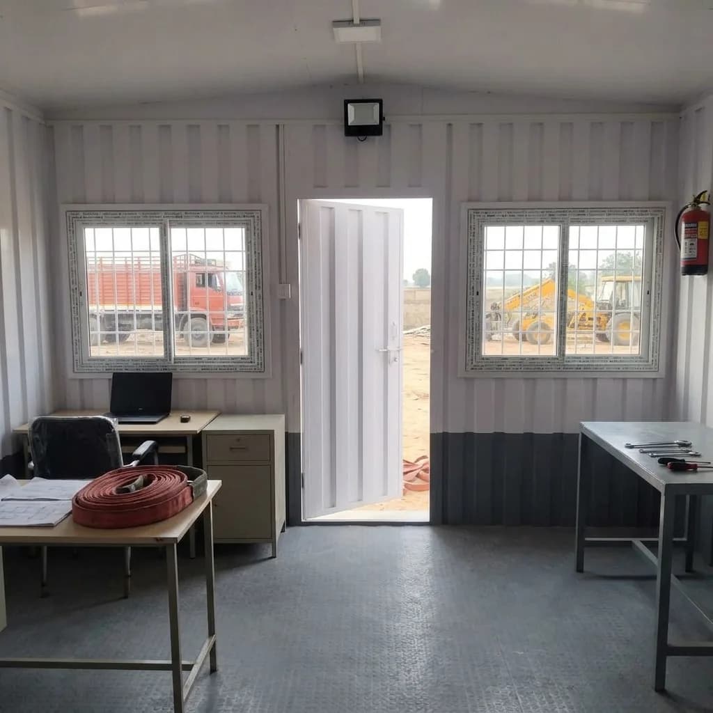 Interior of the portable office cabin fitted as a site office with desks, a workbench and a fire extinguisher