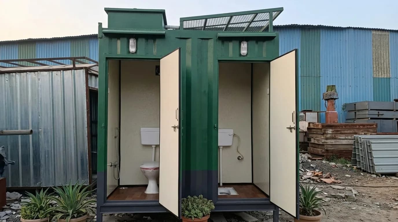 Portable toilet cabin — front view with both doors open showing two toilet units, by Porta Cabin Systems