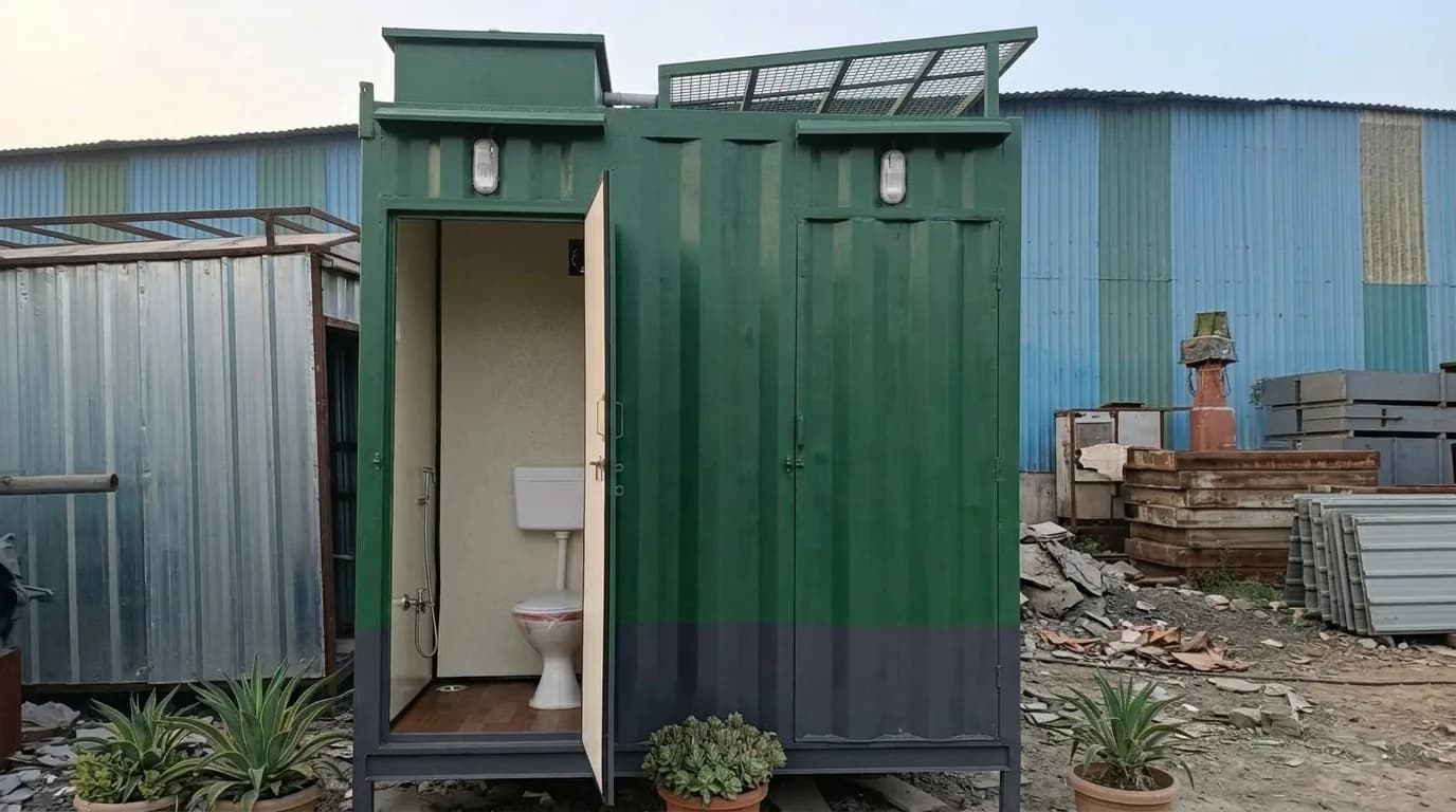 Portable toilet cabin — front view with one door open showing the Western WC interior, by Porta Cabin Systems