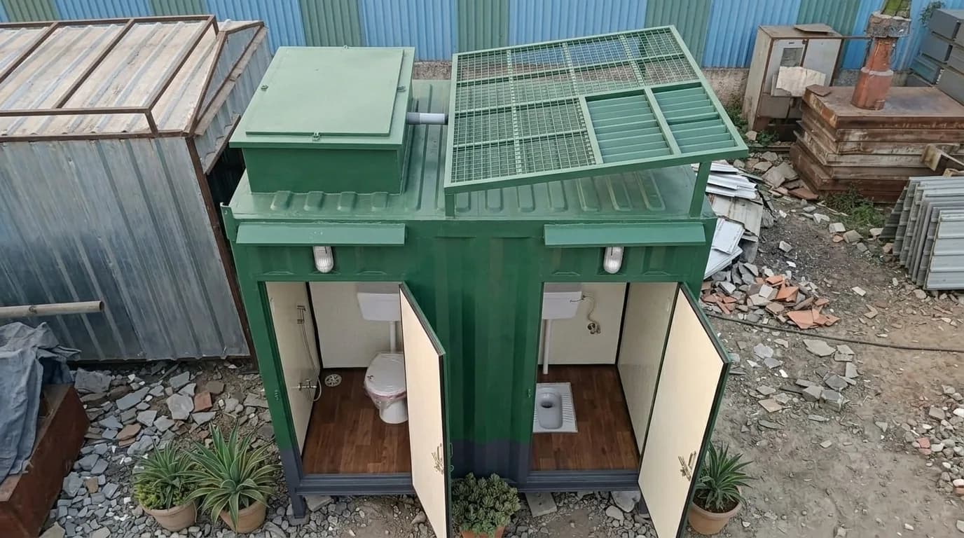 Portable toilet cabin — top view showing the roof, overhead tank and both interiors, by Porta Cabin Systems
