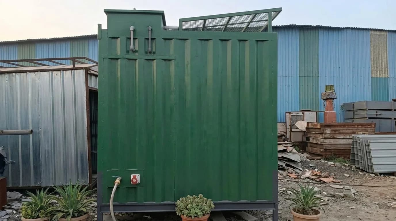 Portable toilet cabin — rear view of the service side, by Porta Cabin Systems