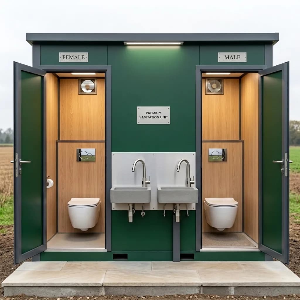 Green two-compartment portable toilet cabin with separate male and female WCs and twin washbasins, doors open, by Porta Cabin Systems
