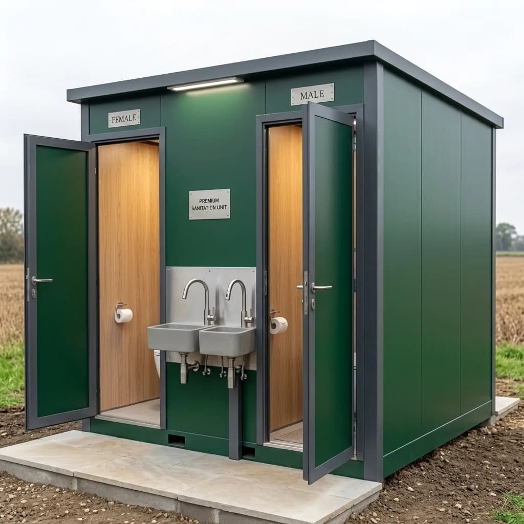 Angled view of the portable toilet cabin showing both compartments open, twin washbasins and the ventilated roof