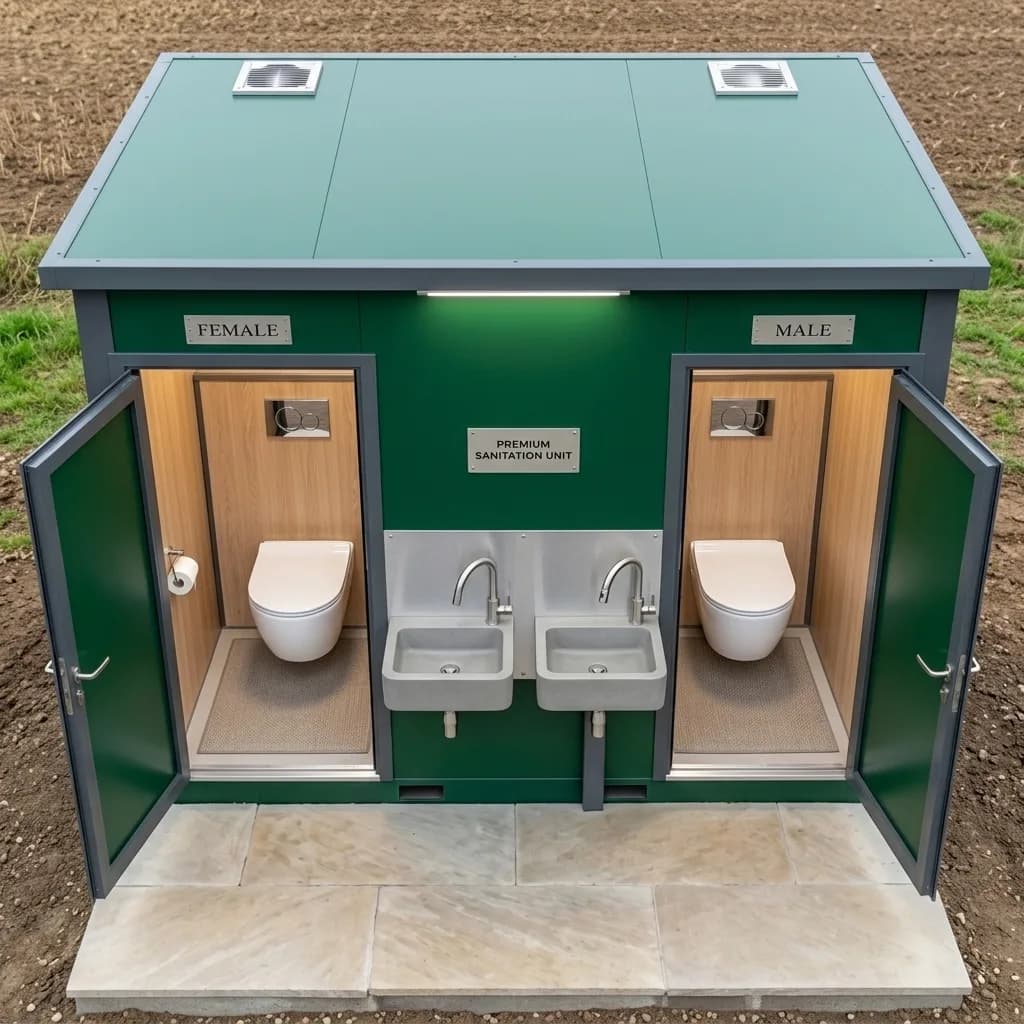 Top view of the portable toilet cabin showing the roof exhaust vents and both open compartments