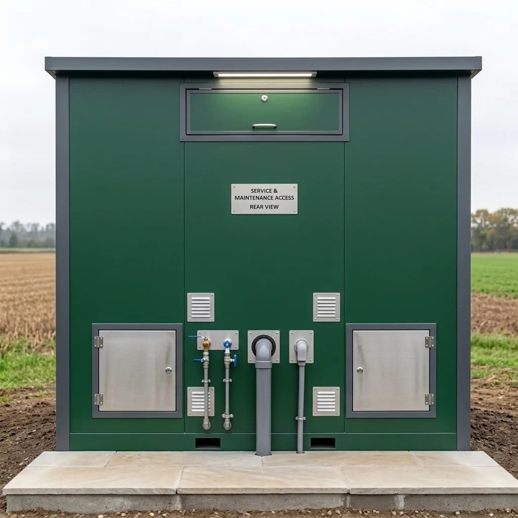 Rear service and maintenance panel of the portable toilet cabin with inlet and waste plumbing connections and access hatches