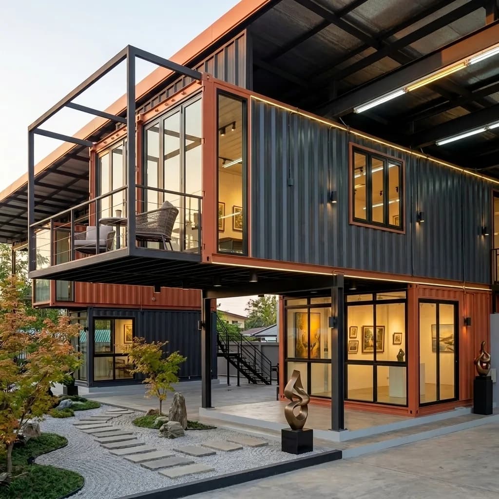 Double-storey prefabricated container gallery building at dusk with upper balcony lounge and a landscaped zen courtyard by Porta Cabin Systems