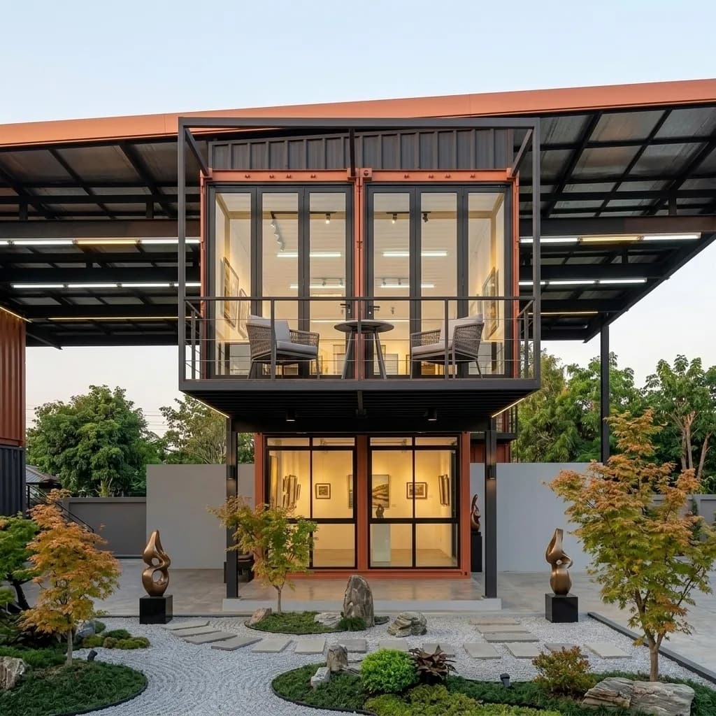Front elevation of the double-storey prefabricated gallery building with a glass-box upper balcony and lit ground-floor gallery