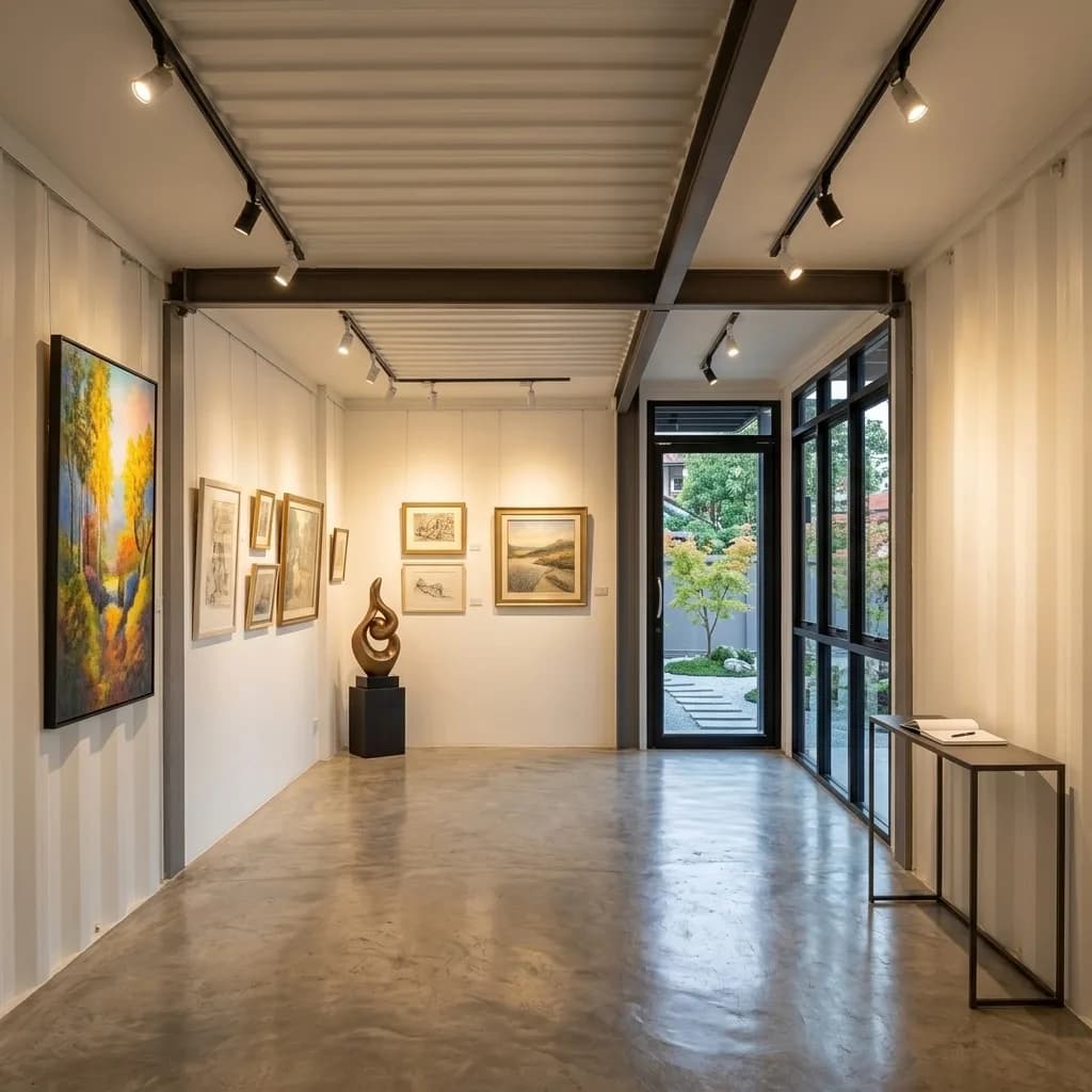 Ground-floor gallery interior with track-lit artwork, a sculpture plinth and glazing to the garden