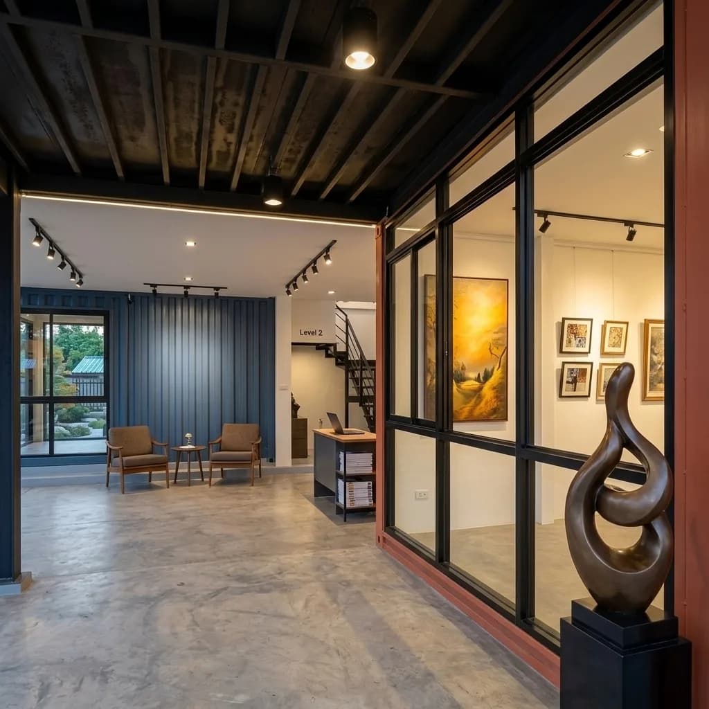 Reception and lounge interior with an industrial steel ceiling, seating and a glass partition to the gallery