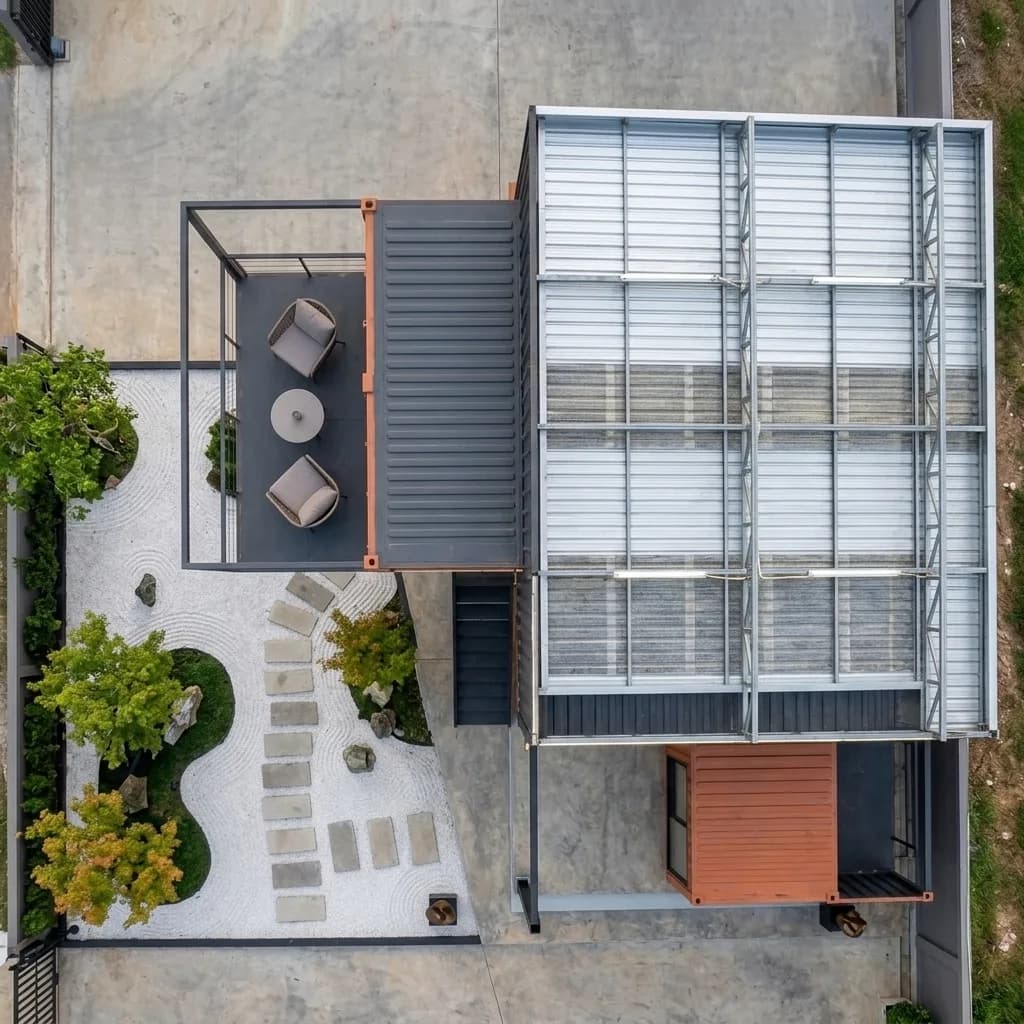 Aerial view of the prefabricated gallery building with its steel canopy roof, upper terrace and zen garden