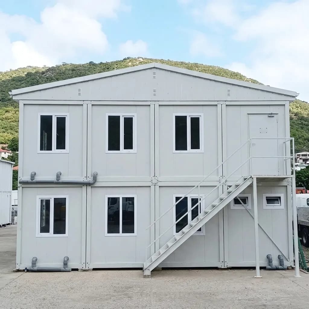 Front elevation of the G+1 prefabricated site office showing two floors of windows and the staircase
