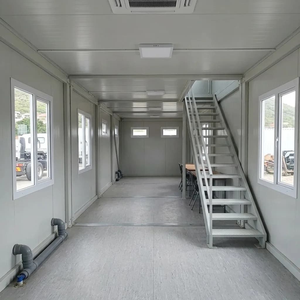 Ground-floor interior of the prefabricated site office with staircase to the first floor