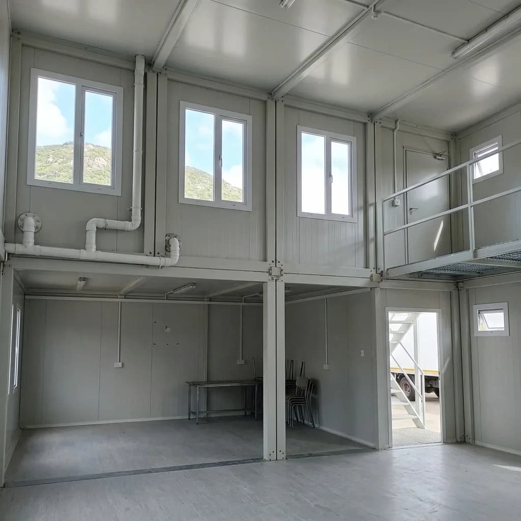 Double-height interior of the prefabricated site office showing the mezzanine and upper-floor windows