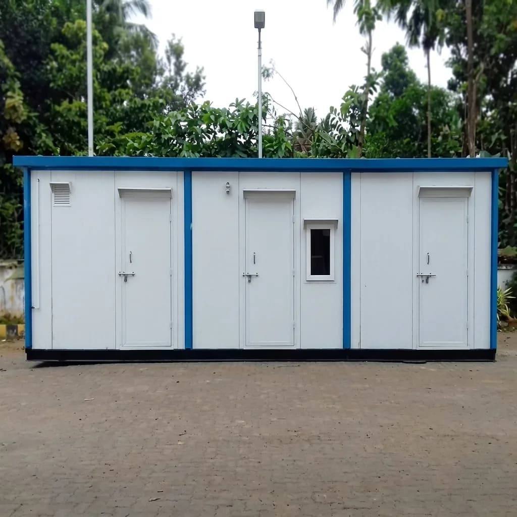 Front elevation of the PUF panel cabin with three personnel doors and a window