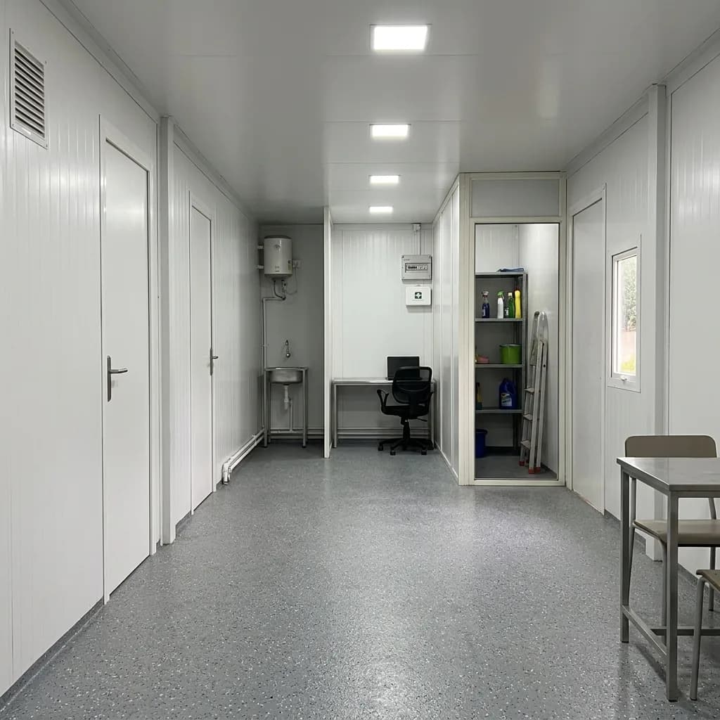 Interior of the PUF panel cabin with office desk, washbasin, water heater and storage shelving