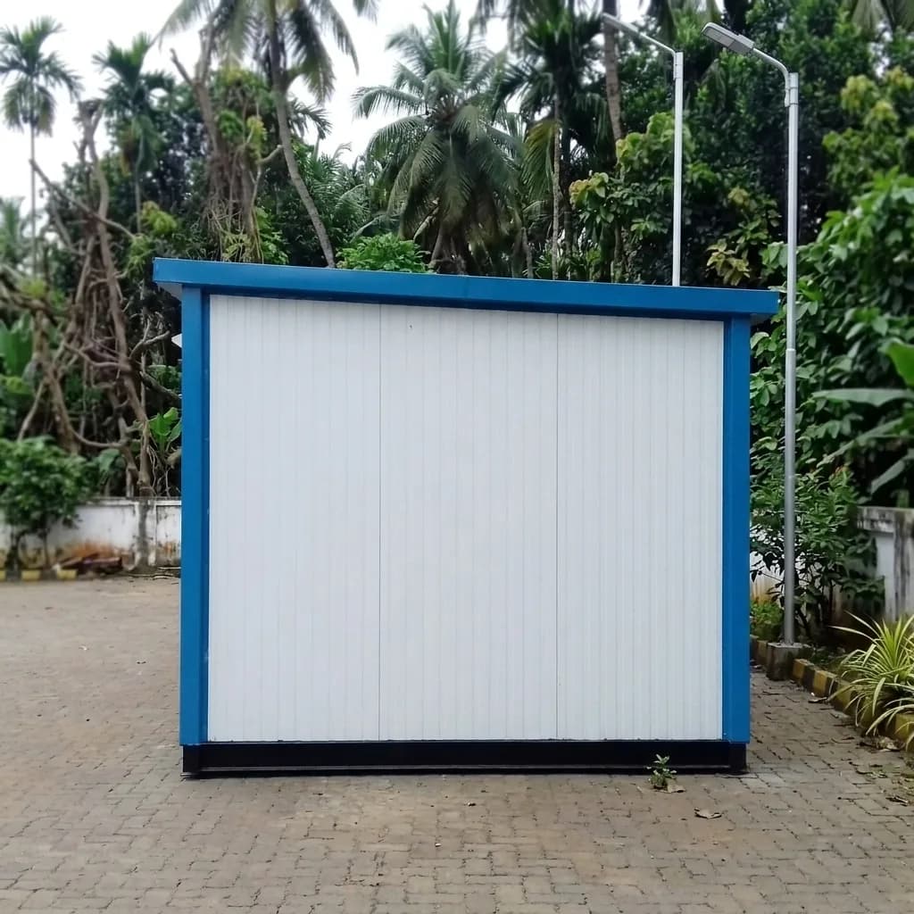 End elevation of the PUF panel cabin showing insulated blue-trimmed sandwich panels