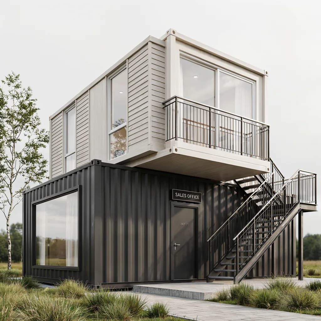 Double-storey container sales office with external steel staircase by Porta Cabin Systems