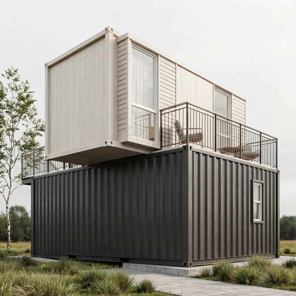 Sales office roof terrace with railing and seating above the container base