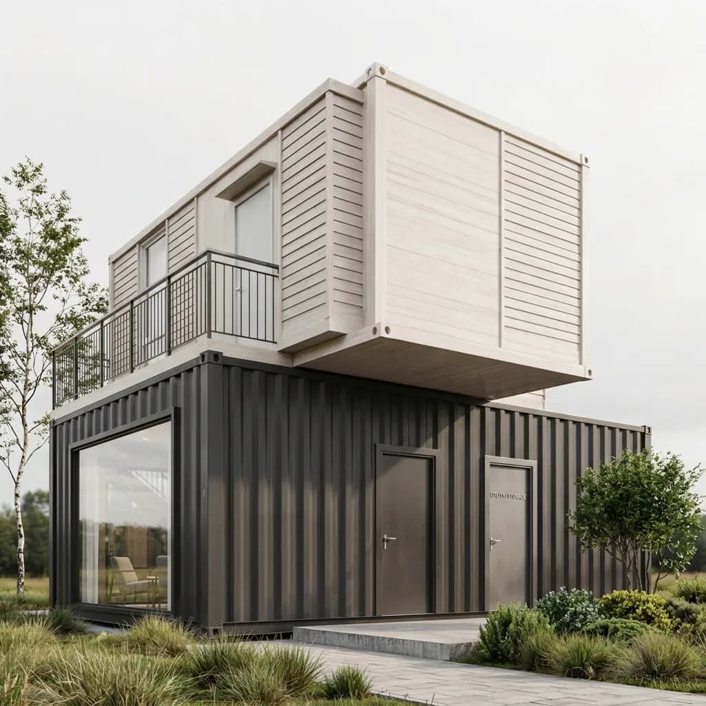 Double-storey sales office side view with utility doors and landscaping