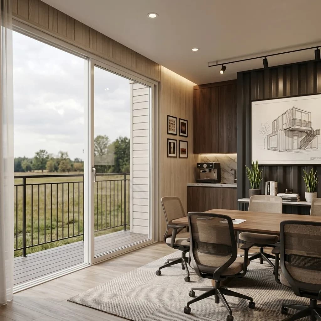 First-floor meeting room with balcony access inside the sales office