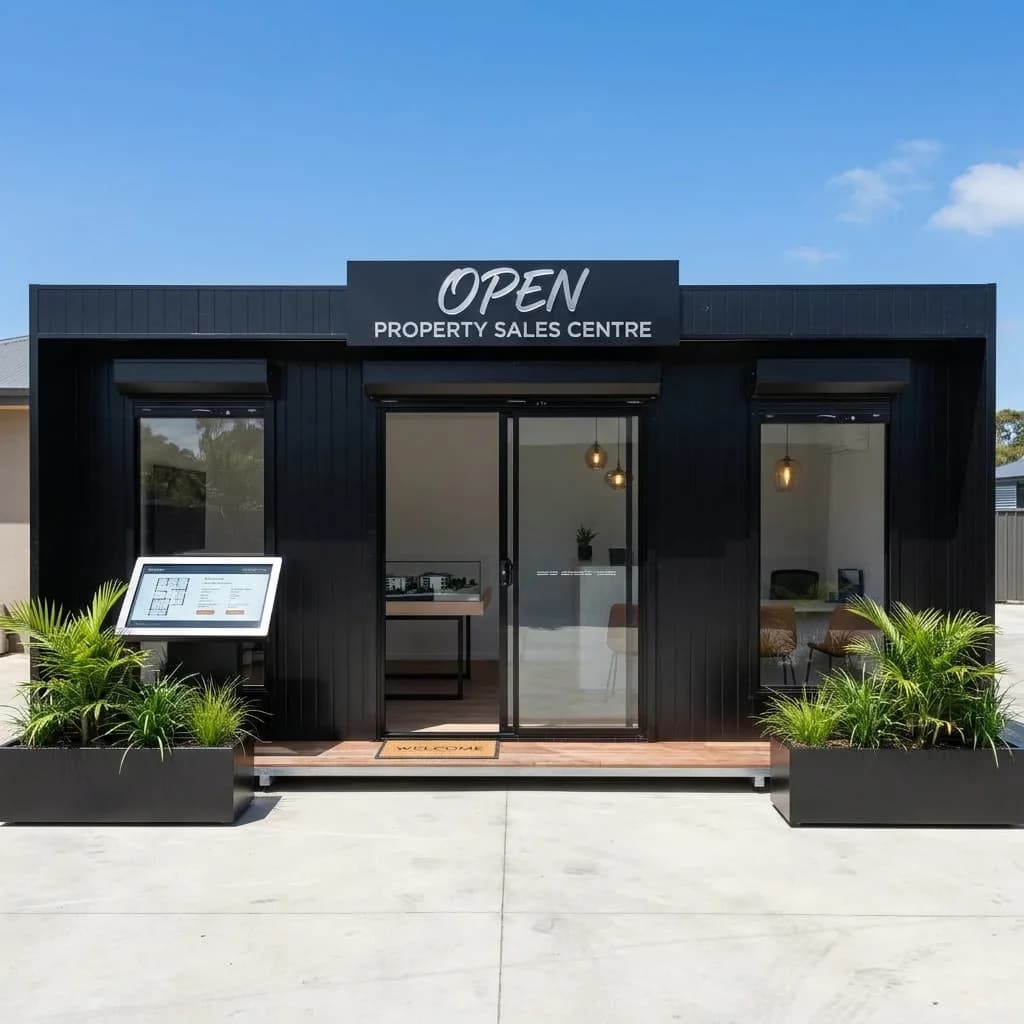 Premium black glass-front portable sales office with illustrative property-sales-centre fascia signage by Porta Cabin Systems