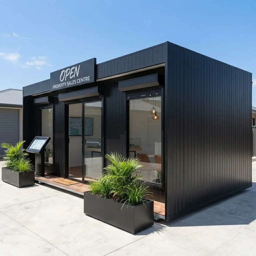 Angled view of the premium glass-front sales office showing the shopfront, entrance deck and planters