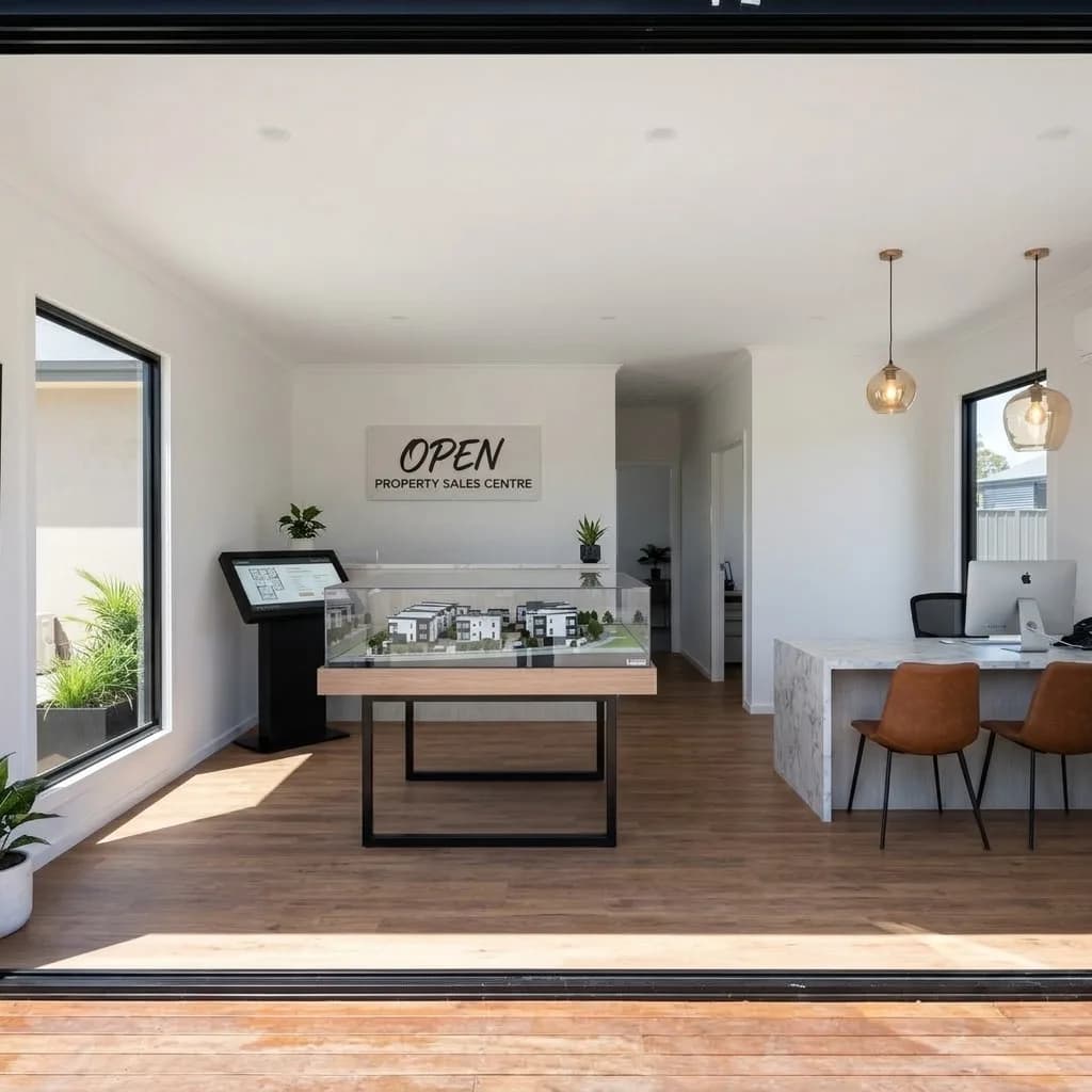 Interior of the premium sales office with reception desk, scale-model display case and touch kiosk