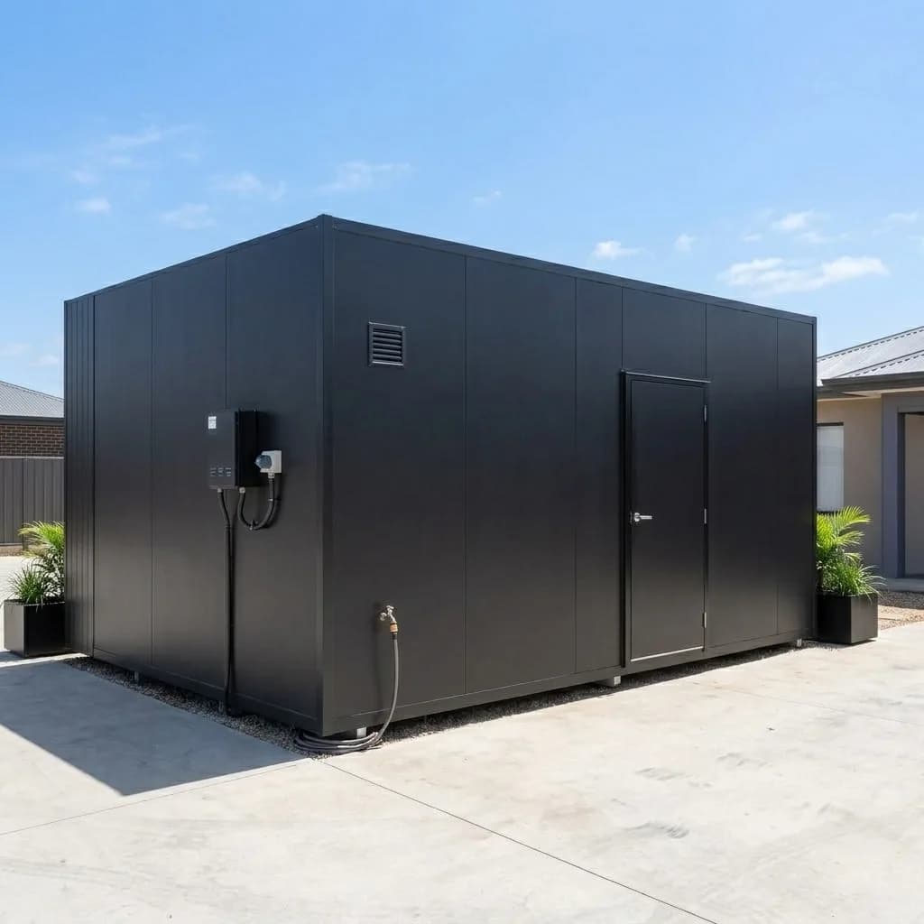 Rear service side of the premium sales office with personnel door and utility connections