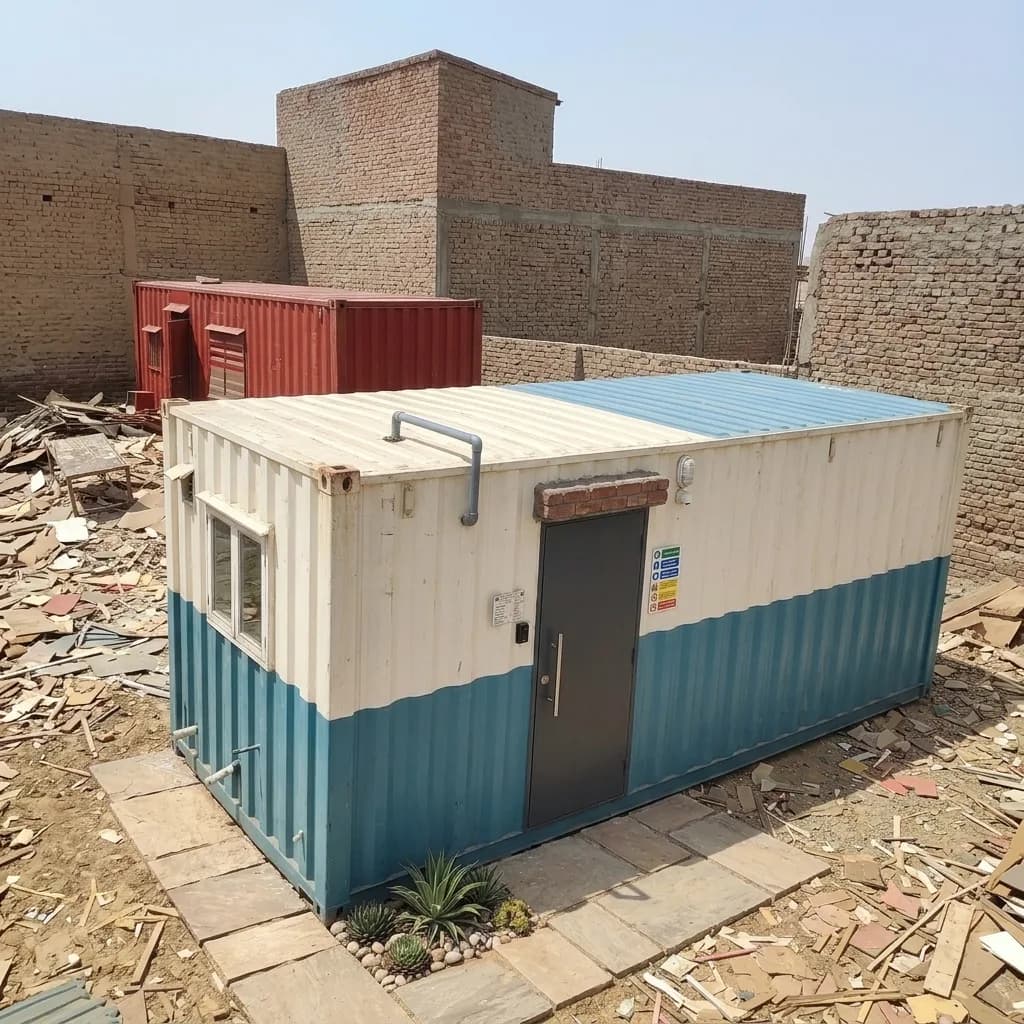 Second-hand 20 ft container office cabin in a two-tone cream and blue finish, with a personnel door, window and roof ventilation stack, by Porta Cabin Systems