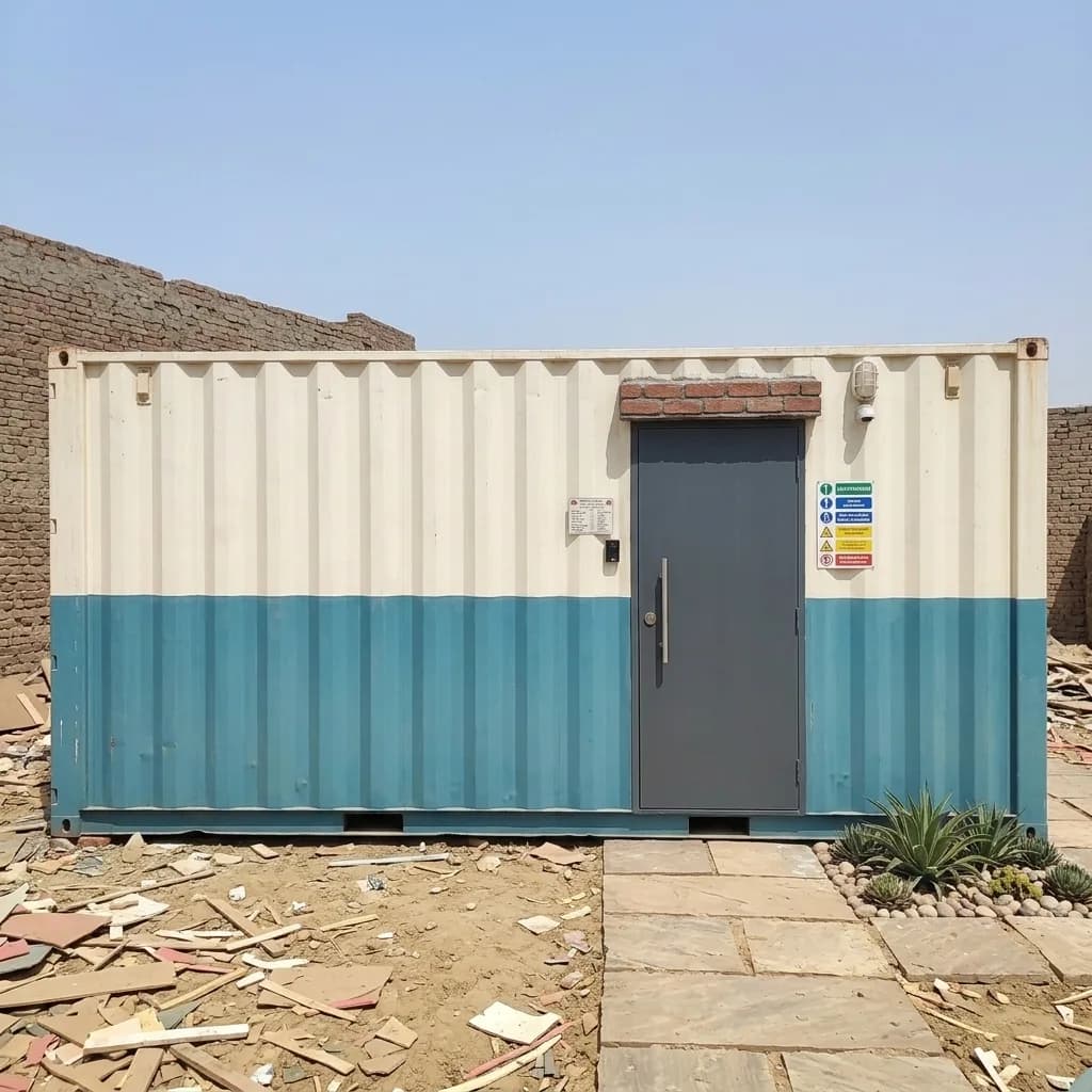 Front of the refurbished container office cabin showing the personnel door and safety placards
