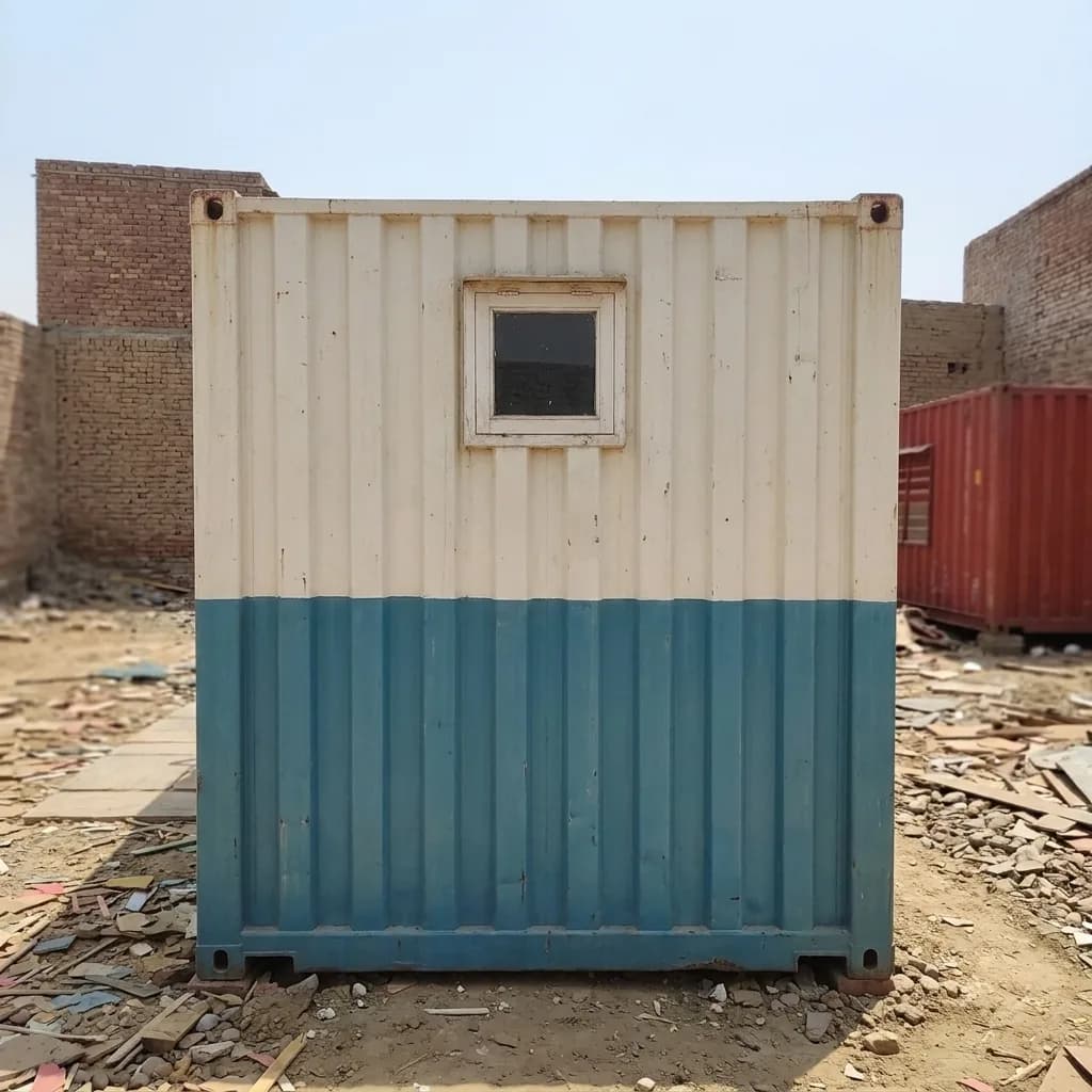 End view of the container office cabin with a window and the two-tone cream and blue repaint