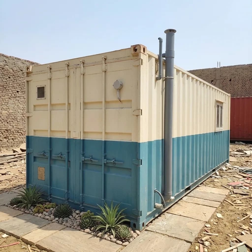 Rear of the container office cabin showing the original cargo doors, roof vent stack and plumbing