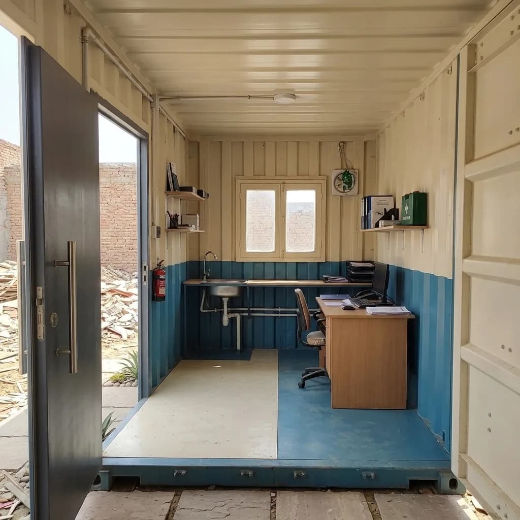 Interior of the container office cabin fitted with a desk, a wash-basin, shelving, a first-aid point and a fire extinguisher