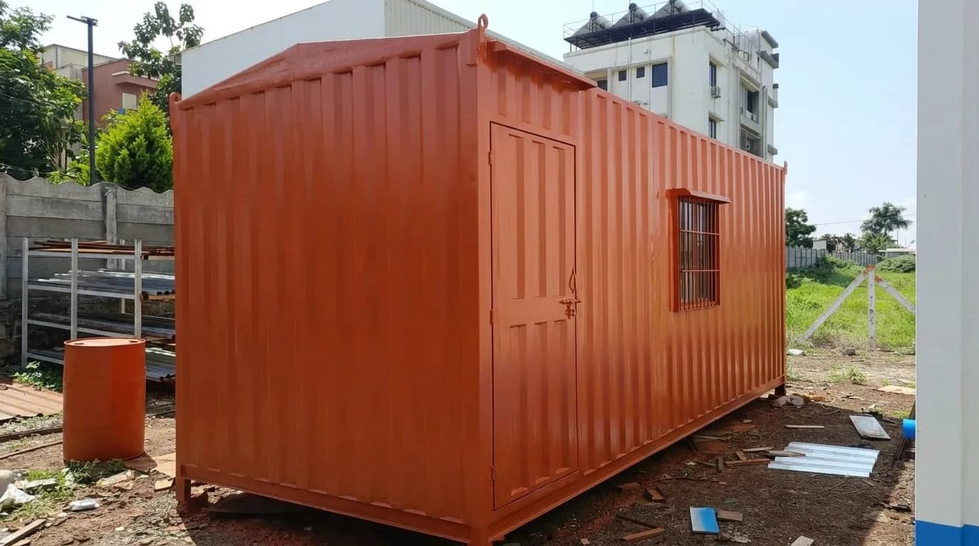 Second-hand storage cabin — exterior view with personnel door and grilled window, by Porta Cabin Systems