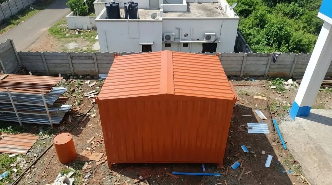 Second-hand storage cabin — elevated view showing the pitched roof, by Porta Cabin Systems