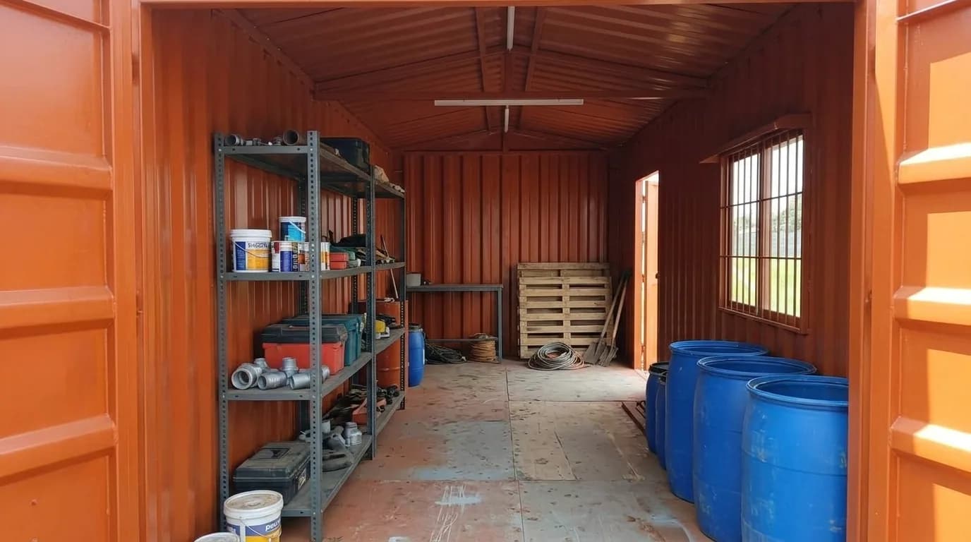 Second-hand storage cabin — interior fitted with steel shelving, by Porta Cabin Systems