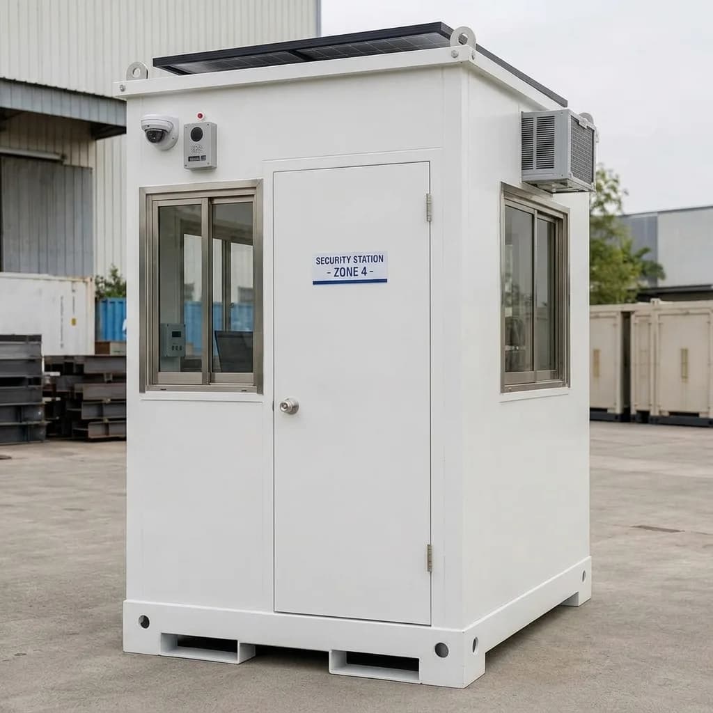 White solar-powered portable security cabin with a lockable door, sliding observation window, rooftop solar panel and a CCTV dome camera, by Porta Cabin Systems