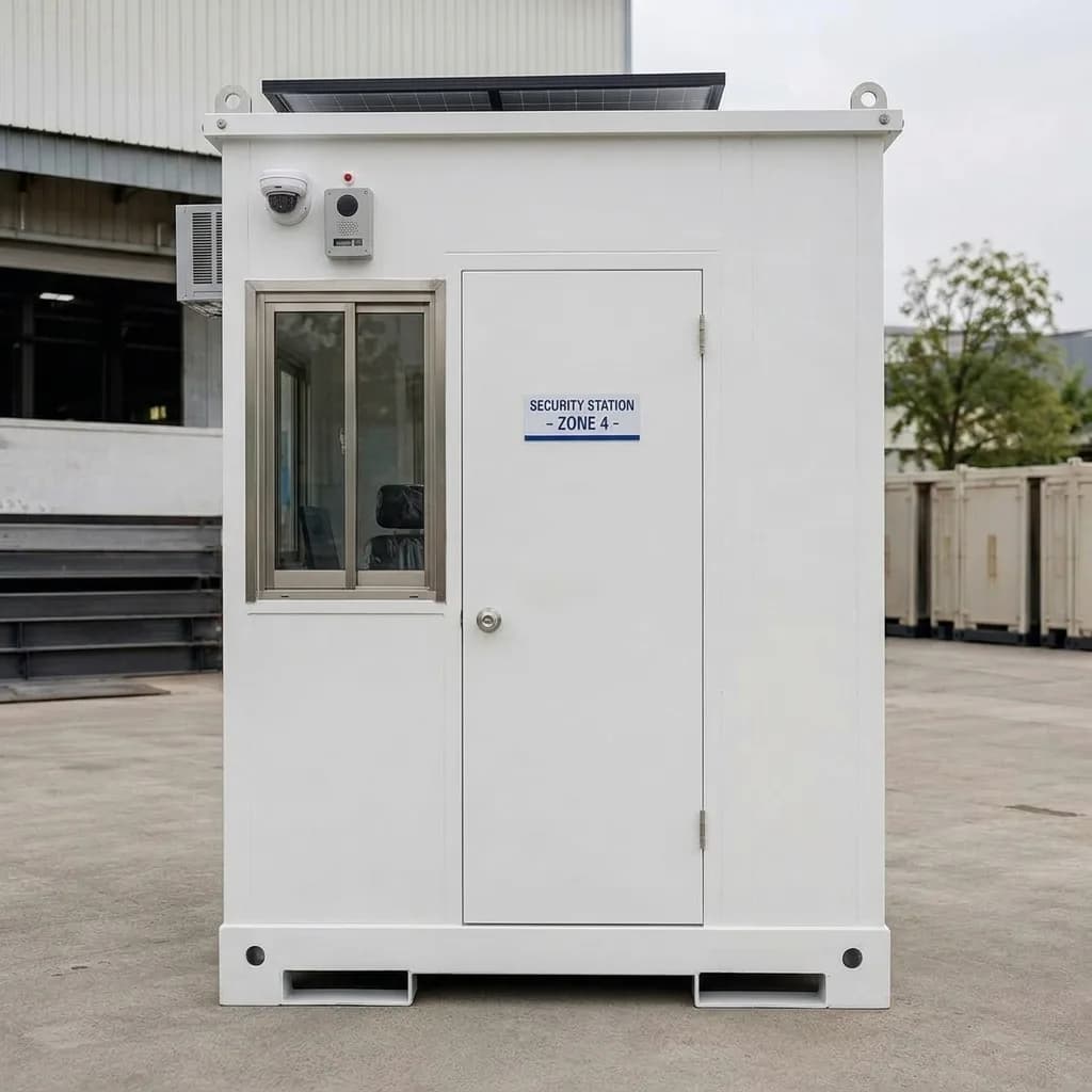 Front of the portable security cabin showing the personnel door, observation window and wall-mounted air-conditioner