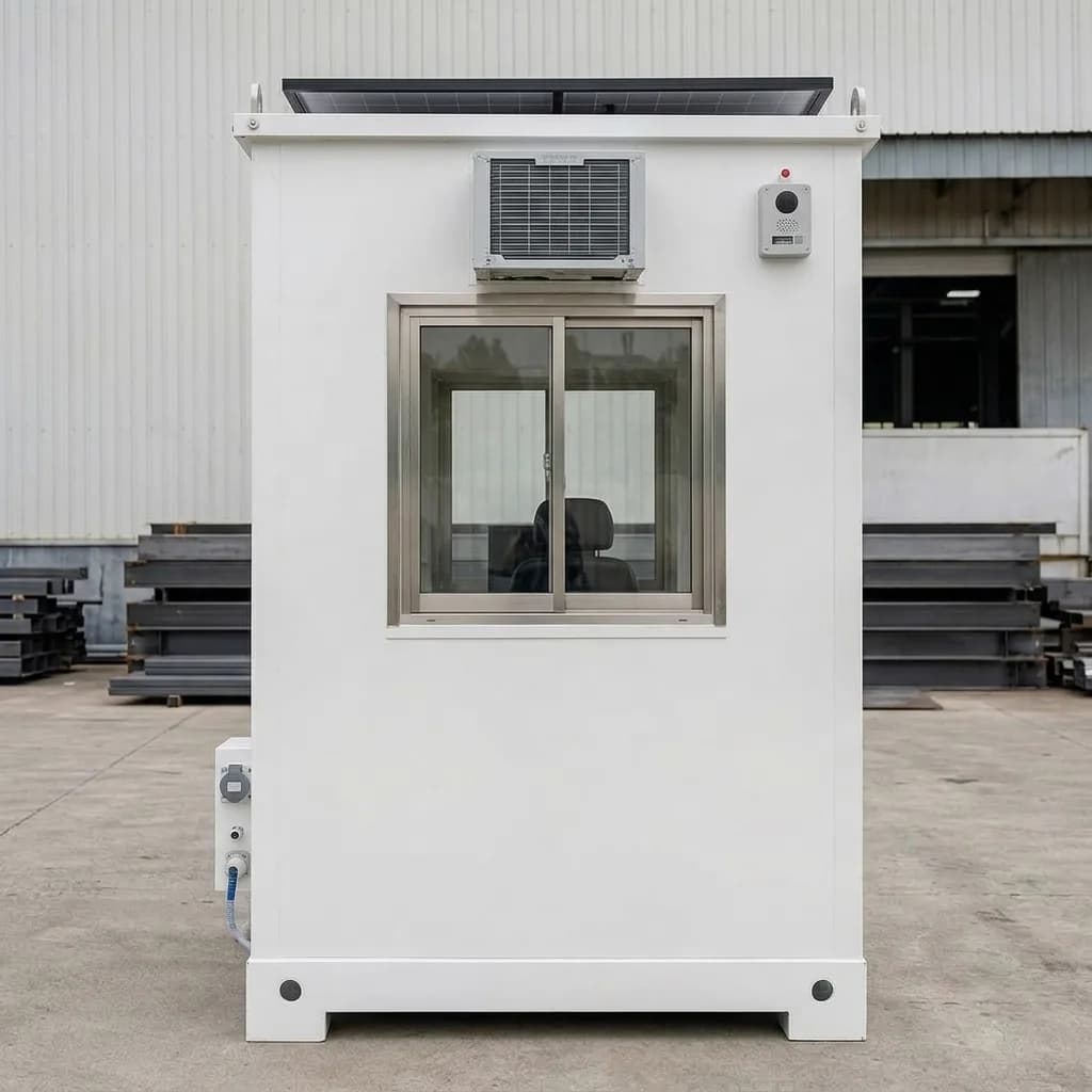 Side of the security cabin with a wide sliding observation window, through-wall air-conditioner and rooftop solar panel