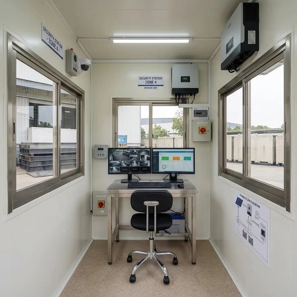 Interior of the security cabin fitted with a control desk, CCTV monitors, a solar inverter and a battery backup