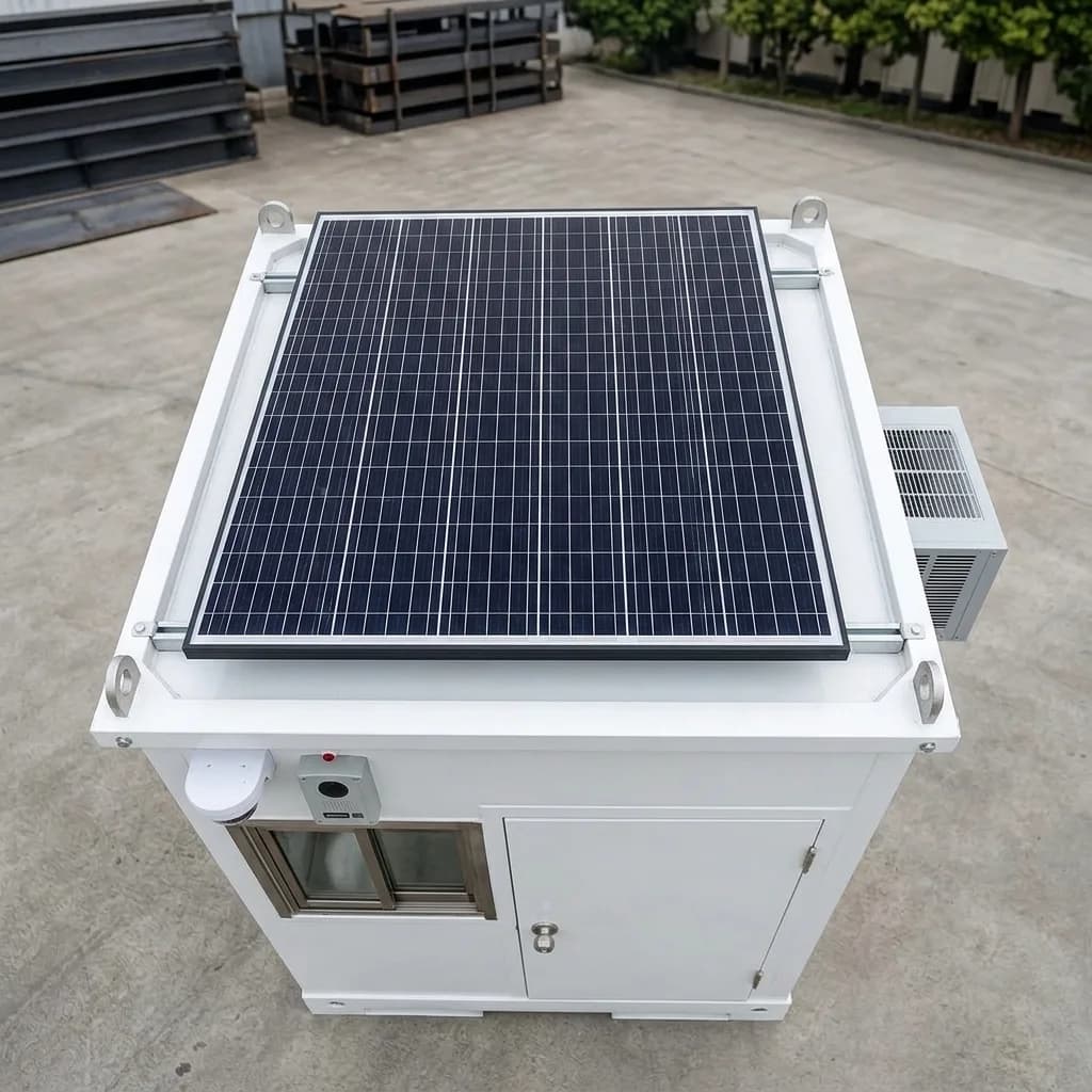 Top view of the security cabin showing the rooftop solar panel and the air-conditioning unit