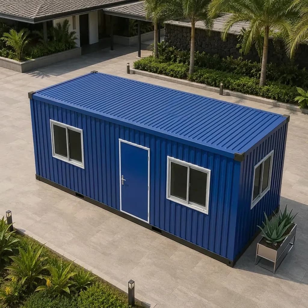 Blue 20 ft shipping container office with white-framed windows on a paved courtyard by Porta Cabin Systems